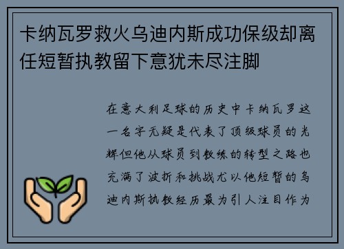 卡纳瓦罗救火乌迪内斯成功保级却离任短暂执教留下意犹未尽注脚