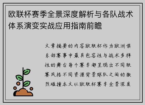 欧联杯赛季全景深度解析与各队战术体系演变实战应用指南前瞻